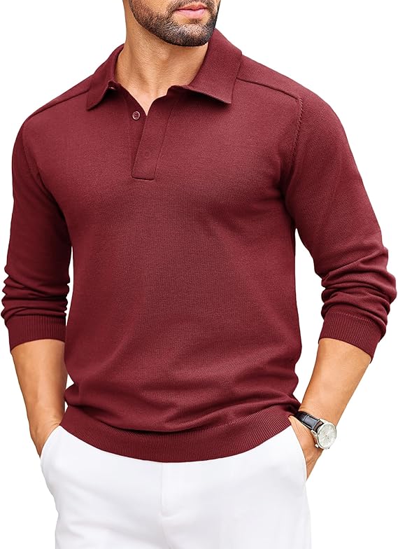 COOFANDY Mens Knit Polo Sweater Long Sleeve Polo Collared Sweaters Hidden Button Casual Pullover Sweater