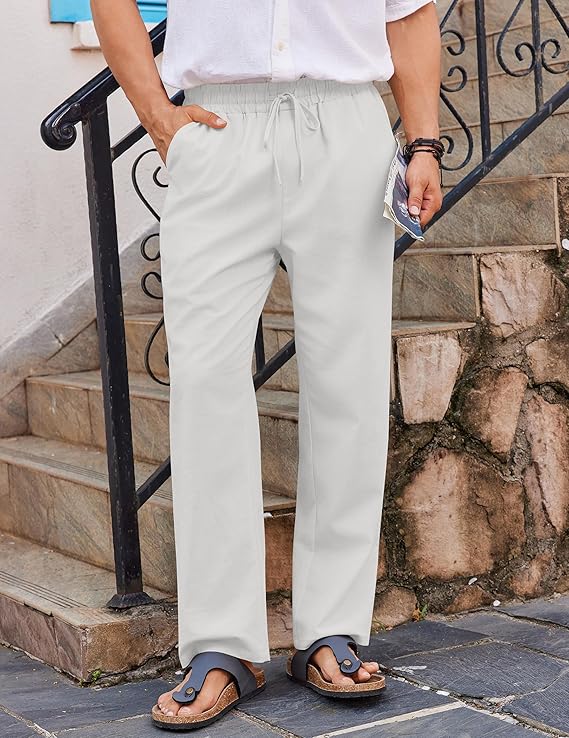 COOFANDY Men's Casual Linen Pants Loose Fit Elastic Waist Drawstring Lightweight Pant Summer Beach Trousers