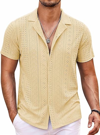 COOFANDY Mens Beach Shirt Short Sleeve Button Down Shirts Casual Cuban Collared Summer Vacation Tropical Shirts