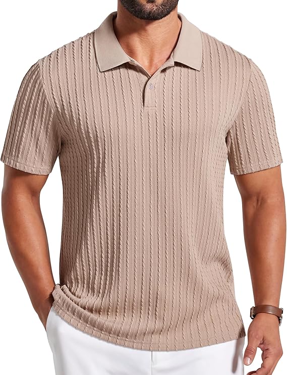 COOFANDY Mens Polo Shirt Textured Knit Button Casual Short Sleeve Summer Vacation Beach Stretchy Golf Shirts