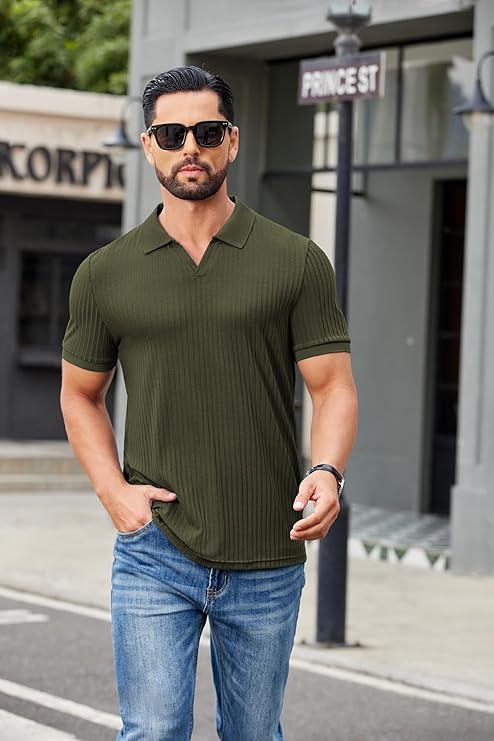 COOFANDY Men's Ribbed Polo Shirts Short Sleeve V Neck Slim Fit Polo T-Shirt Casual Summer Collared Golf Shirt