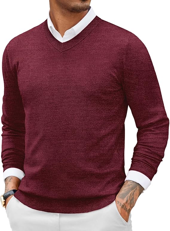 COOFANDY Men Casual V Neck Sweater Ribbed Knit Slim Fit Long Sleeve Pullover Top