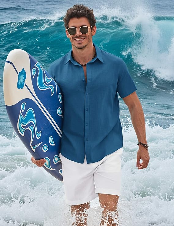 COOFANDY Mens Button Down Shirts Short Sleeve Casual Shirt Cotton Summer Beach Linen Wedding Shirts