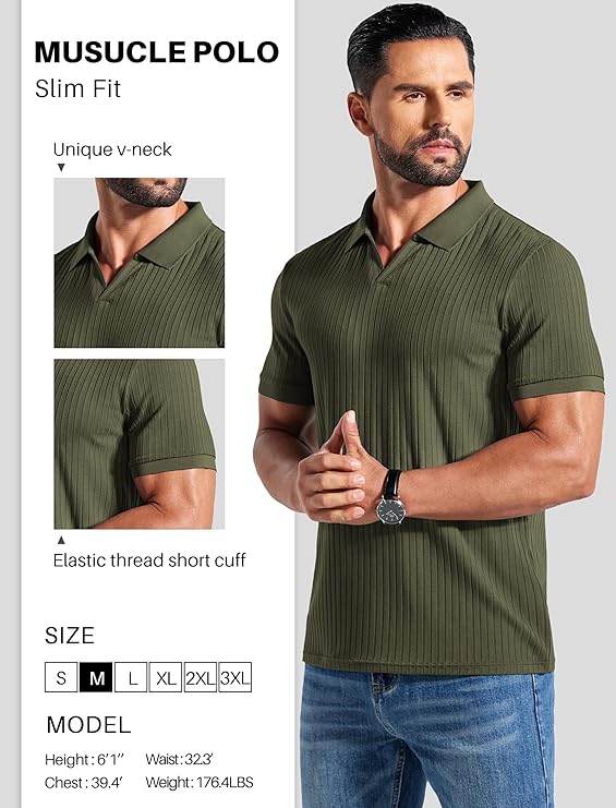 COOFANDY Men's Ribbed Polo Shirts Short Sleeve V Neck Slim Fit Polo T-Shirt Casual Summer Collared Golf Shirt