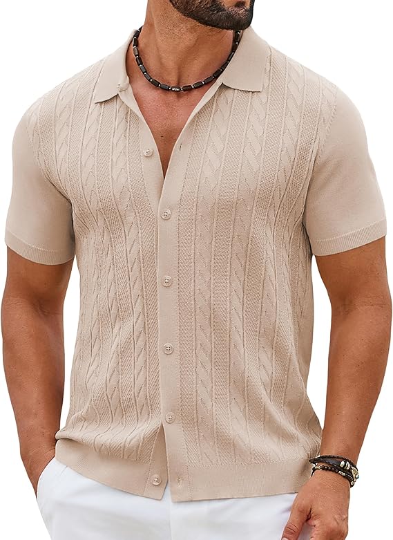 COOFANDY Men's Short Sleeve Knit Shirt Casual Button Down Shirt Vintage Summer Beach Vacation Tops