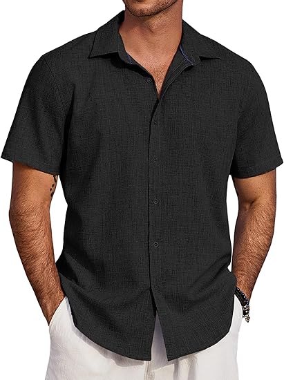 COOFANDY Men's Beach Summer Shirts Linen Texture Shirts Short Sleeve Casual Button Down Shirt