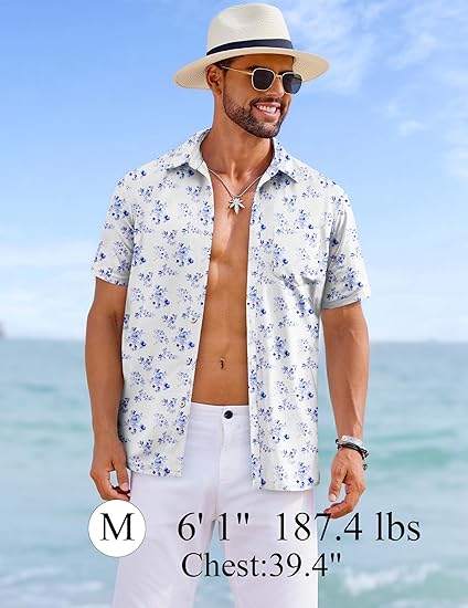 COOFANDY Mens Hawaiian Shirts Short Sleeve Tropical Button Down Shirts Floral Summer Beach Shirt