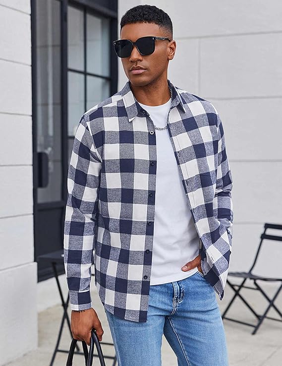 COOFANDY Men's Casual Long Sleeve Button Up Plaid Flannel Shirt Jacket with Pocket