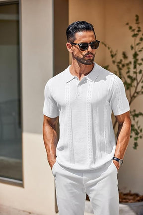 COOFANDY Mens Knit Polo Shirts Short Sleeve Textured Button Down Polo Shirt Cuban Guayabera Summer Beach Shirts