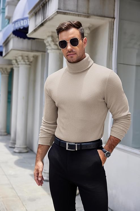 COOFANDY Men's Ribbed Turtleneck Sweater Casual Basic Long Sleeve Knitted Pullover Sweater