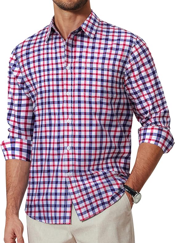 COOFANDY Men's Plaid Button Down Shirt Cotton Long Sleeves Dress Shirt Wrinkle Free Casual Gingham Shirt
