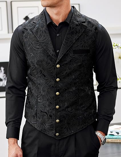 COOFANDY Mens Suit Vest Paisley Floral Victorian Vests Gothic Steampunk Formal Waistcoat Tuxedo Vests with Notched Lapels