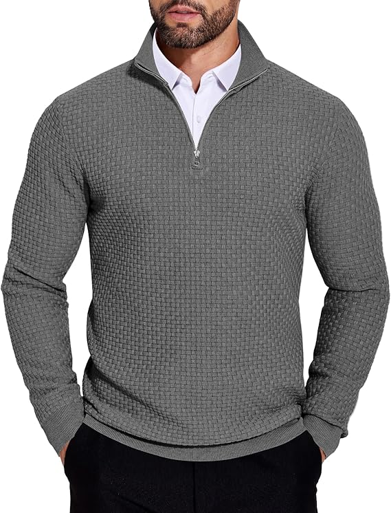 COOFANDY Men's Quarter Zip Sweaters Slim Fit Lightweight Knitted Mock Neck Pullover Casual Polo Sweaters