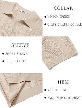 COOFANDY Mens Knit Polo Shirts V Neck Textured Polo Shirts Short Sleeve Breathable Polo Casual Collared T Shirt Fashion Tops