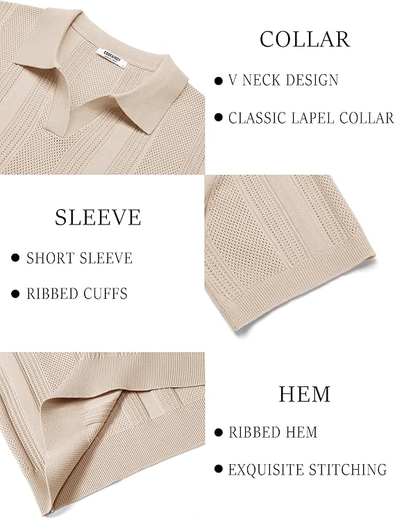COOFANDY Mens Knit Polo Shirts V Neck Textured Polo Shirts Short Sleeve Breathable Polo Casual Collared T Shirt Fashion Tops