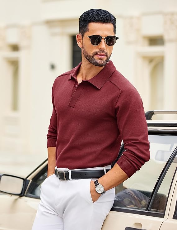 COOFANDY Mens Knit Polo Sweater Long Sleeve Polo Collared Sweaters Hidden Button Casual Pullover Sweater