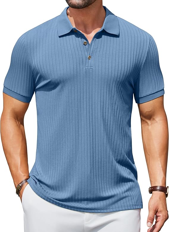 COOFANDY Men's Textured Polo Shirts Short Sleeve Slim Fit Casual Button Polo T-Shirt Summer Collared Golf Shirt
