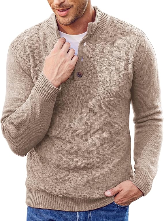 COOFANDY Men Mock Neck Button Sweater Casual Knitted Sweaters Fashion Henley Sweater