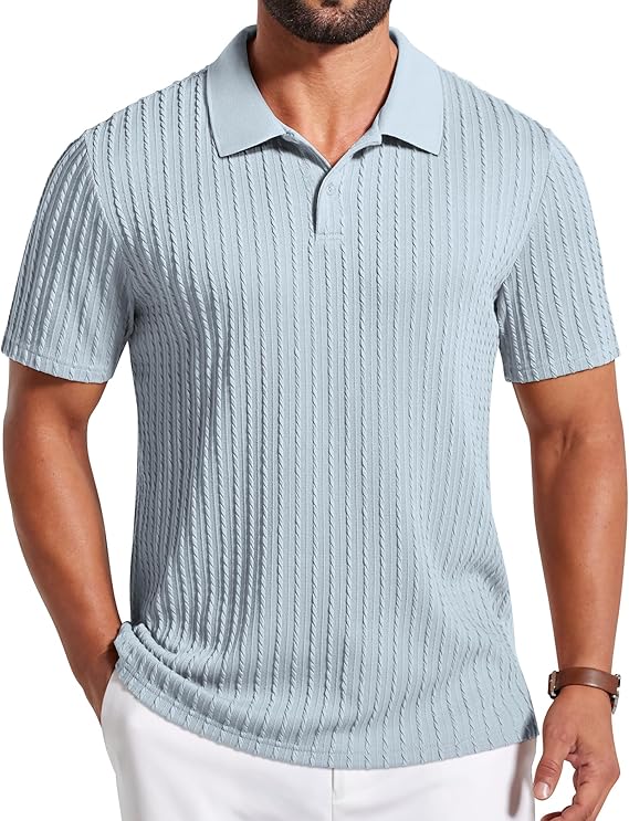 COOFANDY Mens Polo Shirt Textured Knit Button Casual Short Sleeve Summer Vacation Beach Stretchy Golf Shirts