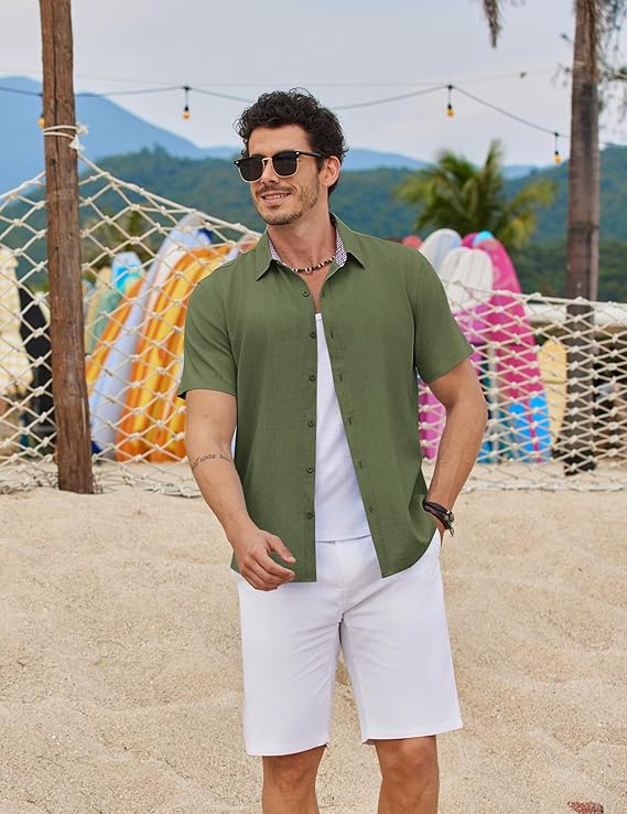 COOFANDY Men's Saint Patrick's Day Green Linen Shirt Short Sleeve Button Down Casual Plaid Collar Summer Beach Shirt