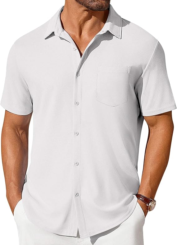COOFANDY Men's Short Sleeve Button Down Shirt Casual Summer Beach Shirt Waffle Knit Shirts Wrinkle Free Untucked Shirt