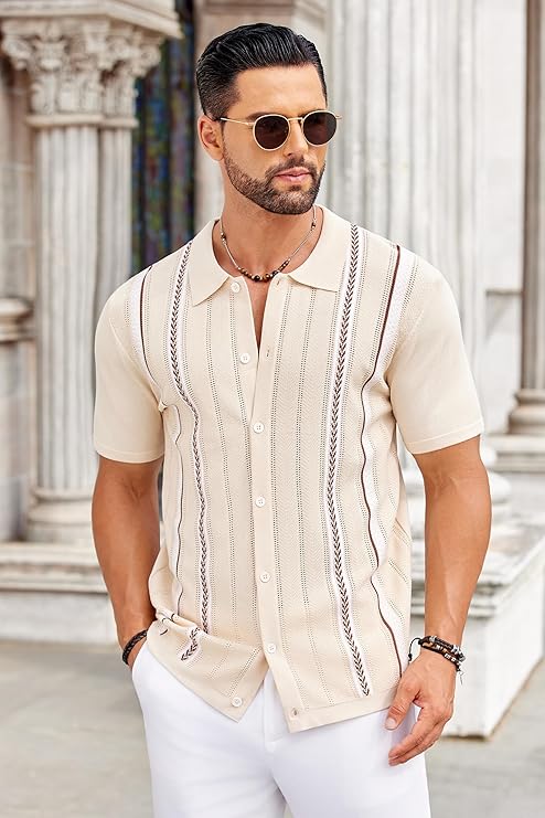 COOFANDY Knit Shirts for Men Casual Short Sleeve Button Down Shirts Summer Beach Stretch Fit Collared Shirts