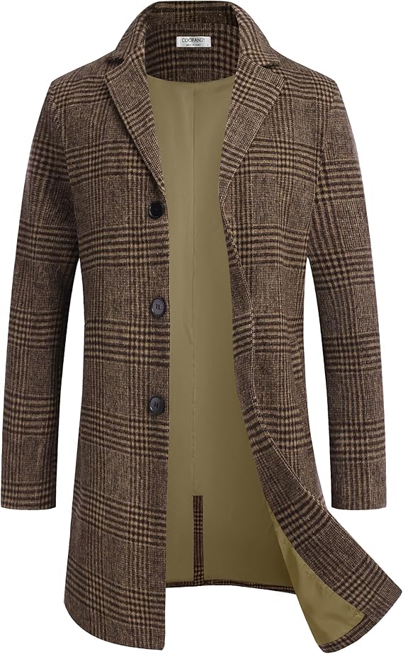 COOFANDY Mens Wool Blend Coat Winter Trench Coats Notched Lapel Collar Single Breasted Overcoat Classic Peacoat With Pockets S-XXL