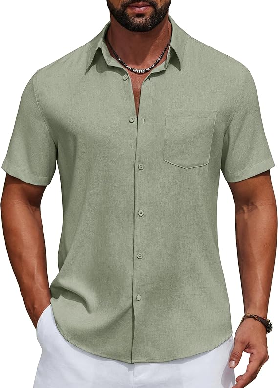 COOFANDY Men's Short Sleeve Casual Button Down Shirts Summer Beach Wedding Textured Linen Shirt for Men
