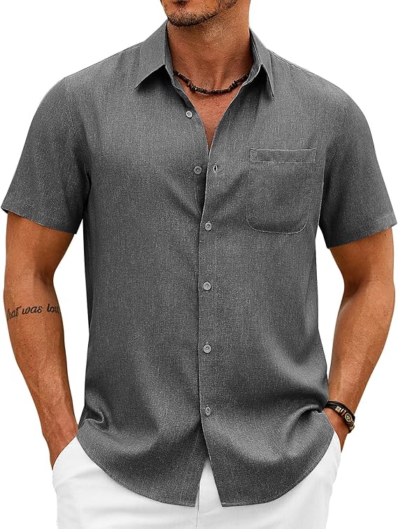COOFANDY Mens Button Down Shirt Short Sleeve Casual Shirts Summer Beach Wedding Linen Shirt with Pocket