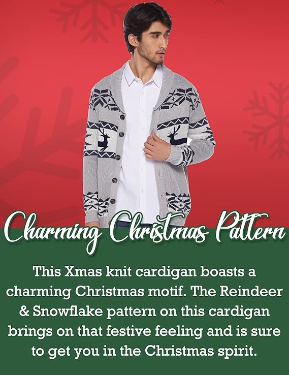 COOFANDY Men's Christmas Cardigans Ugly Xmas Sweaters Reindeer Snowflake Shawl Collar Knitted Cardigan Sweater