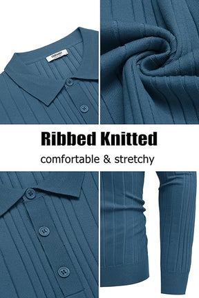 COOFANDY Knit Polo Shirts Long Sleeve Button Down Ribbed Polo Shirt Golf Shirts