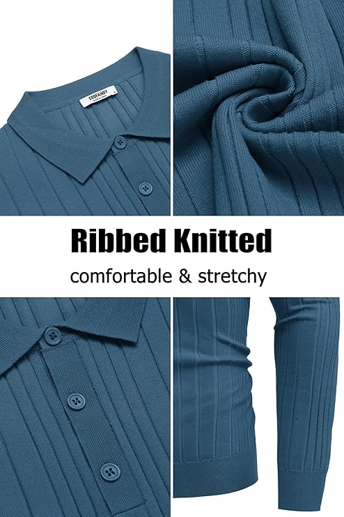 COOFANDY Knit Polo Shirts Long Sleeve Button Down Ribbed Polo Shirt Golf Shirts