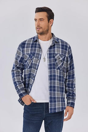 COOFANDY Men's Faux Shearling Lined Flannel Shirt Jacket Long Sleeve Button Up Fleece Plaid Shirts S-XXL