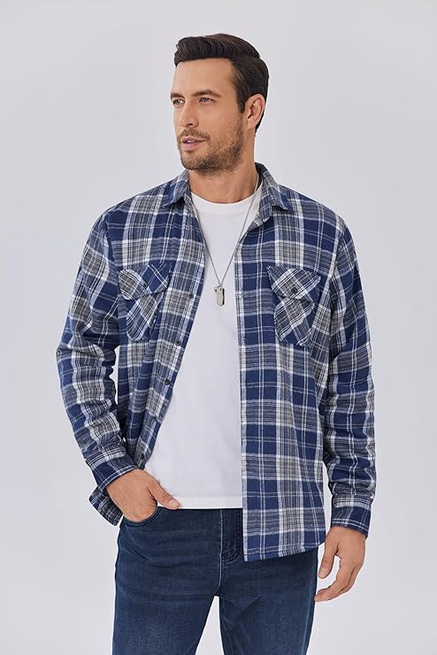 COOFANDY Men's Faux Shearling Lined Flannel Shirt Jacket Long Sleeve Button Up Fleece Plaid Shirts S-XXL
