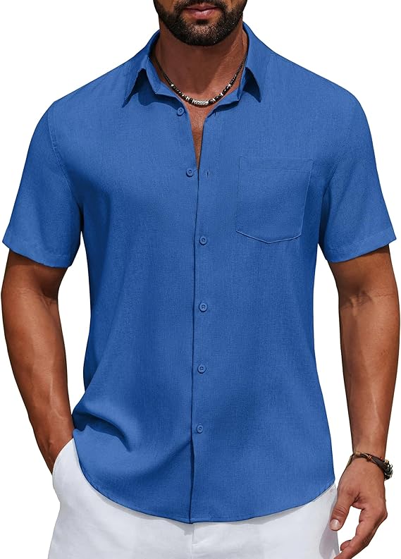 COOFANDY Men's Short Sleeve Casual Button Down Shirts Summer Beach Wedding Textured Linen Shirt for Men