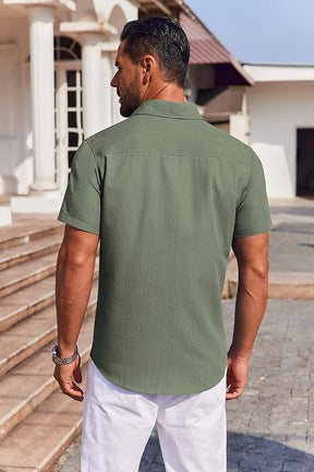 COOFANDY Mens Button Down Short Sleeve Shirt Casual Summer Stretch Denim Dress Shirts with Pocket