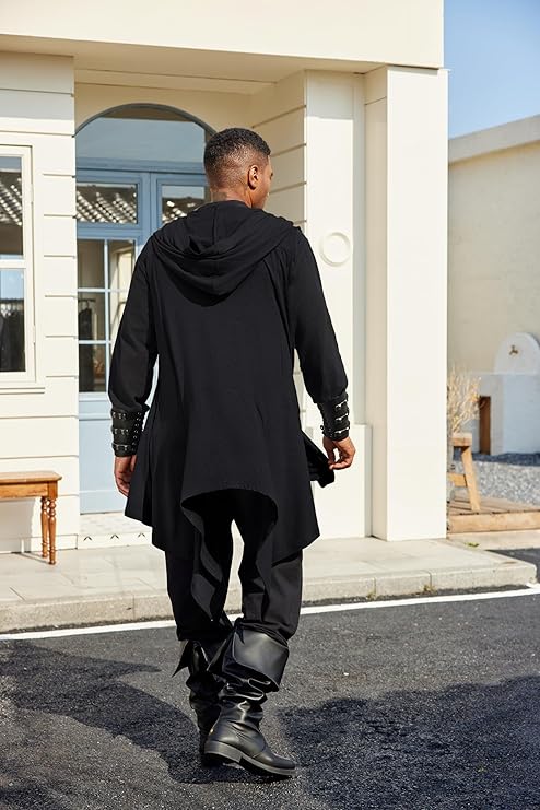 COOFANDY Men's Long Hooded Cardigan Sleeveless Ruffle Shawl Collar Lightweight Open Front Drape Kimono Vest