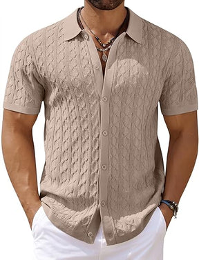 COOFANDY Men's Knit Short Sleeve Shirts Button Down Vintage Knitted Polo Shirt Casual Beach Crochet Cable Vacation Shirt