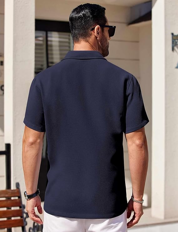 COOFANDY Mens Short Sleeve Button Down Shirts Waffle Shirt Casual Beach Summer Shirts Wrinkle Free Vacation Shirts