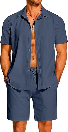 COOFANDY Men's 2 Pieces Cotton Linen Set Short Sleeve Button Down Shirts Summer Beach Shorts Casual Outfits