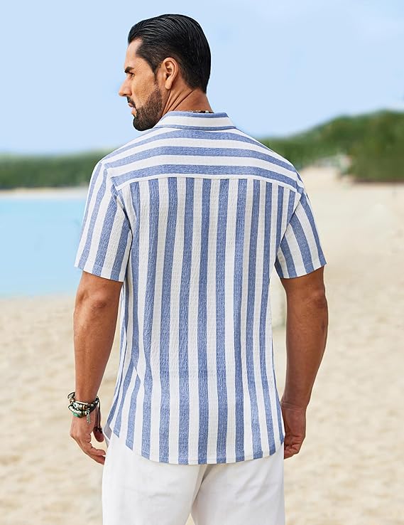 COOFANDY Mens Short Sleeve Casual Shirts Button Down Striped Summer Shirts Textured Vacation Beach Shirt