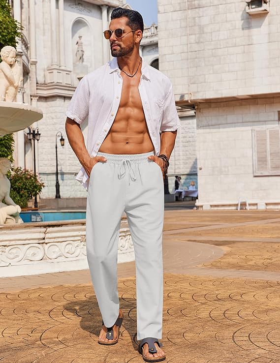 COOFANDY Men's Casual Linen Pants Loose Fit Elastic Waist Drawstring Lightweight Pant Summer Beach Trousers