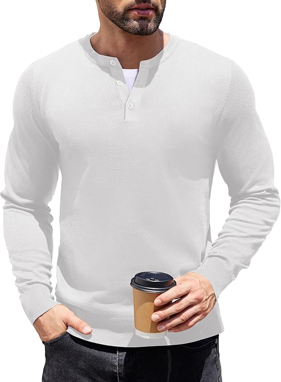 COOFANDY Mens Knit Henley T-Shirts Dress Long Sleeve Sweater Casual Collarless Quarter Button Pullover