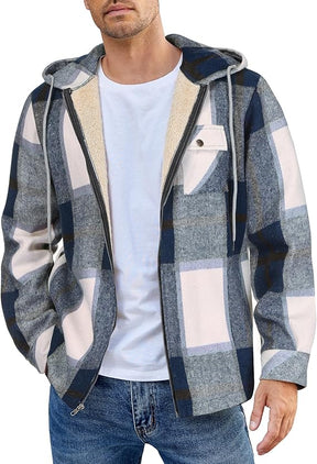 COOFANDY Men's Flannel Fleece Jacket Sherpa Lined Shirt Jacket Plaid Zip Up Hoodie Soft Warm Coat with Hood
