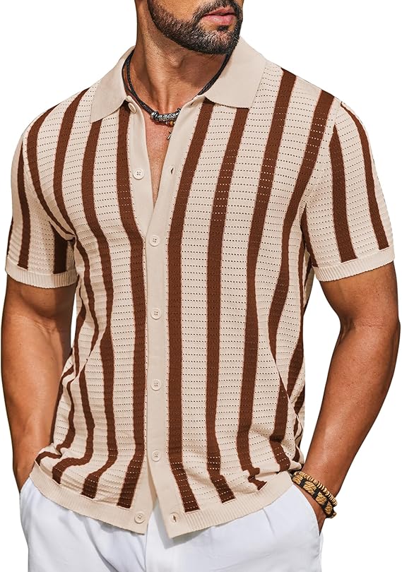 COOFANDY Men's Knit Shirts Short Sleeve Button Down Polo Shirt Striped Casual Summer Beach Shirts