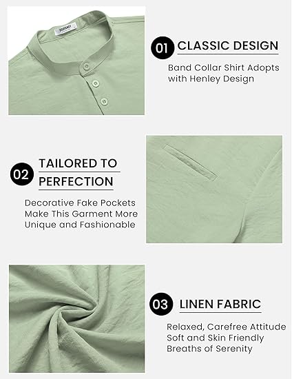 COOFANDY Men's Henley Shirts Band Collar Short Sleeve T-Shirts Casual Summer Beach Shirt Hippie Fashion Hawaiian Shirt