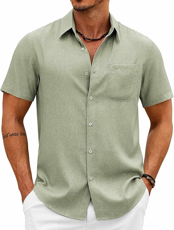 COOFANDY Mens Button Down Shirt Short Sleeve Casual Shirts Summer Beach Wedding Linen Shirt with Pocket