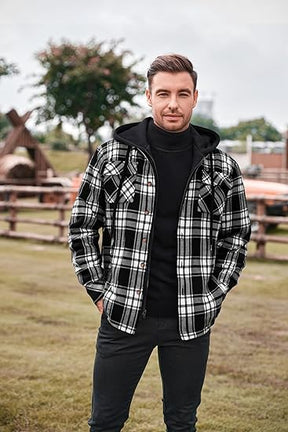 COOFANDY Men's Flannel Shirt Jacket Warm Quilted Lined Hooded Long Sleeve Plaid Shirt Jackets