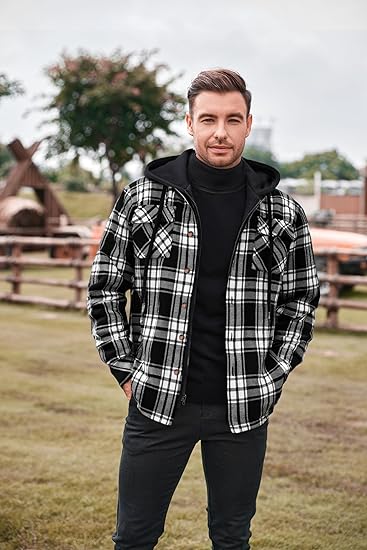 COOFANDY Men's Flannel Shirt Jacket Warm Quilted Lined Hooded Long Sleeve Plaid Shirt Jackets