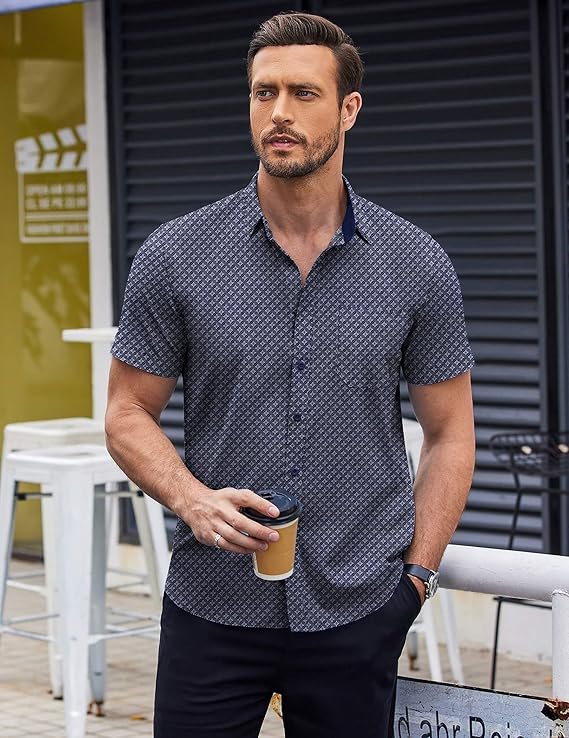 COOFANDY Short Sleeve Button Down Shirts Dress Shirts Casual Polka Dot Print